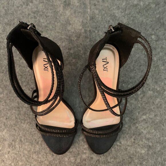 Taxi Women’s Black Glitter Zipper Heel Rhinestones Details Open Toe Shoes - Picture 7 of 10